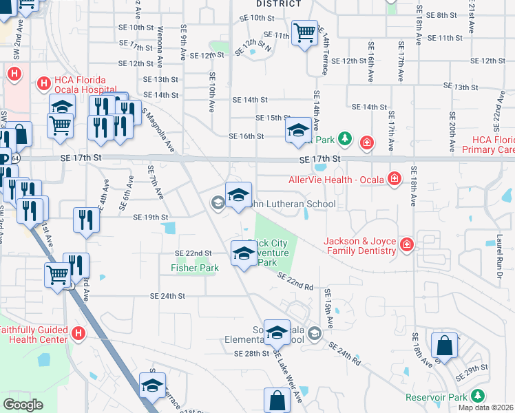 map of restaurants, bars, coffee shops, grocery stores, and more near 1218 Southeast 19th Street in Ocala