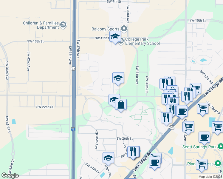 map of restaurants, bars, coffee shops, grocery stores, and more near 3443 Southwest 20th Street in Ocala