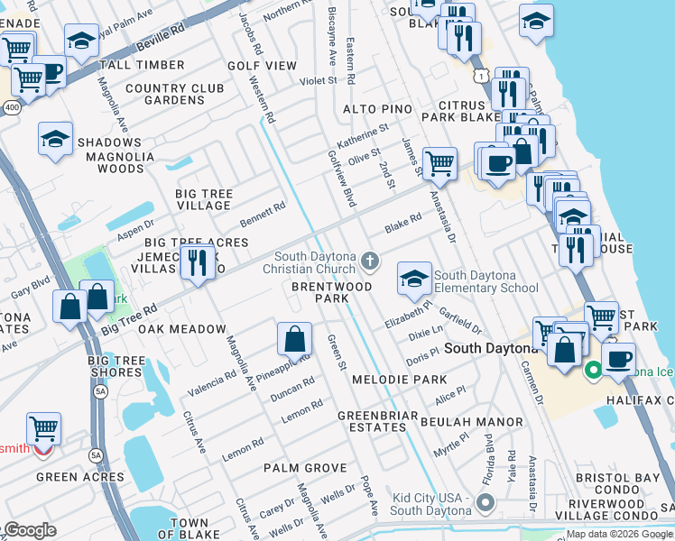 map of restaurants, bars, coffee shops, grocery stores, and more near 2060 Oriole Lane in South Daytona
