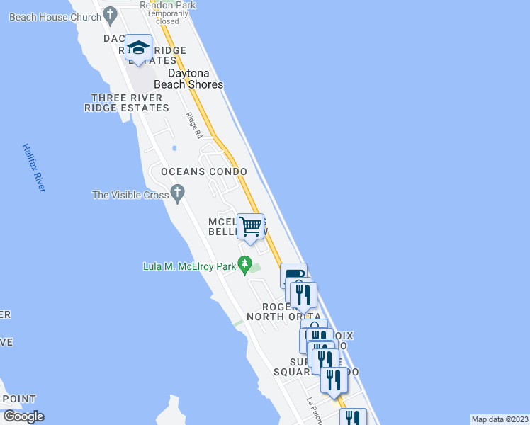 map of restaurants, bars, coffee shops, grocery stores, and more near 3003 South Atlantic Avenue in Daytona Beach Shores