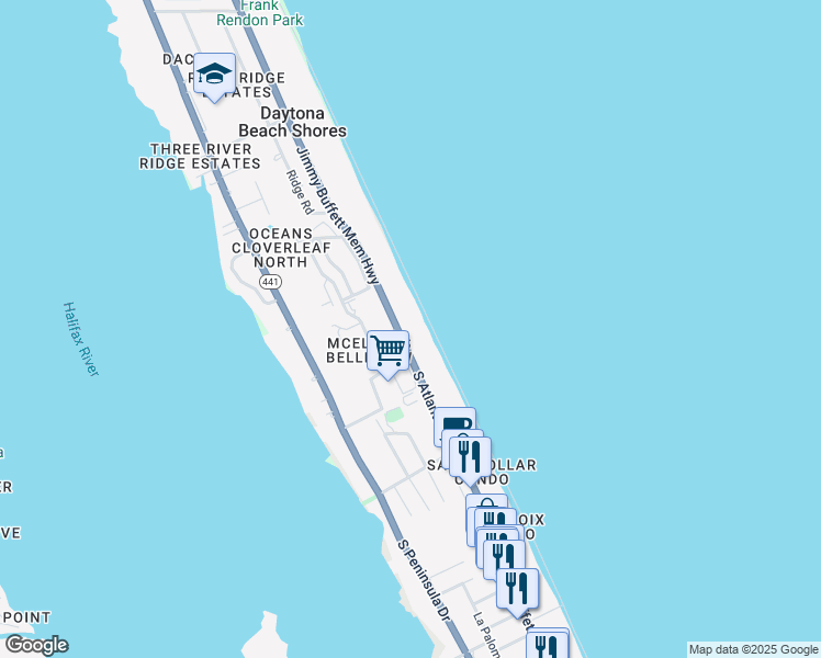 map of restaurants, bars, coffee shops, grocery stores, and more near 3003 South Atlantic Avenue in Daytona Beach Shores
