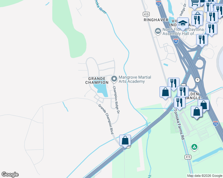 map of restaurants, bars, coffee shops, grocery stores, and more near 104 Kelly Thomas Way in Daytona Beach
