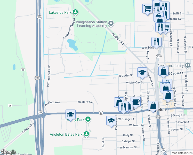 map of restaurants, bars, coffee shops, grocery stores, and more near 832 Marshall in Angleton