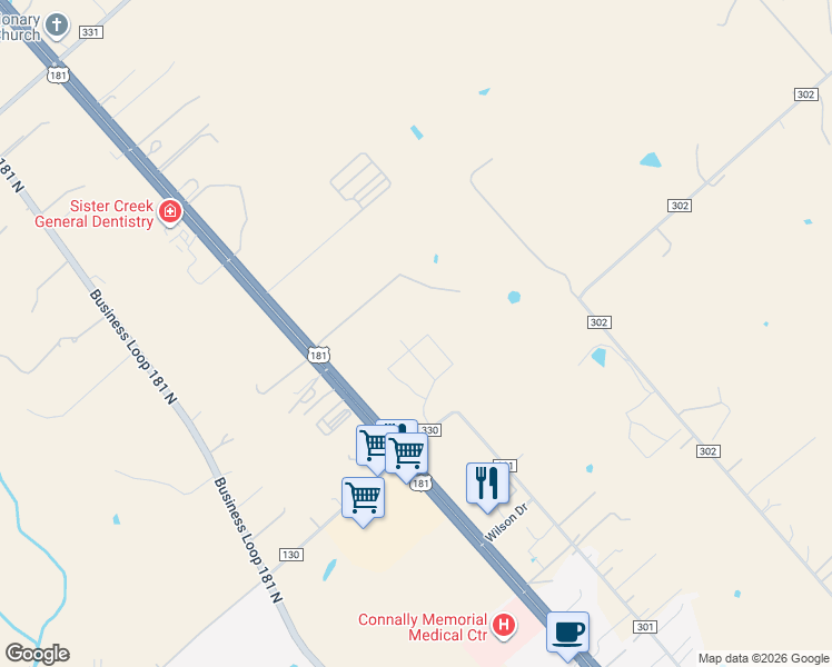 map of restaurants, bars, coffee shops, grocery stores, and more near 141 Oak Hurst Drive in Floresville