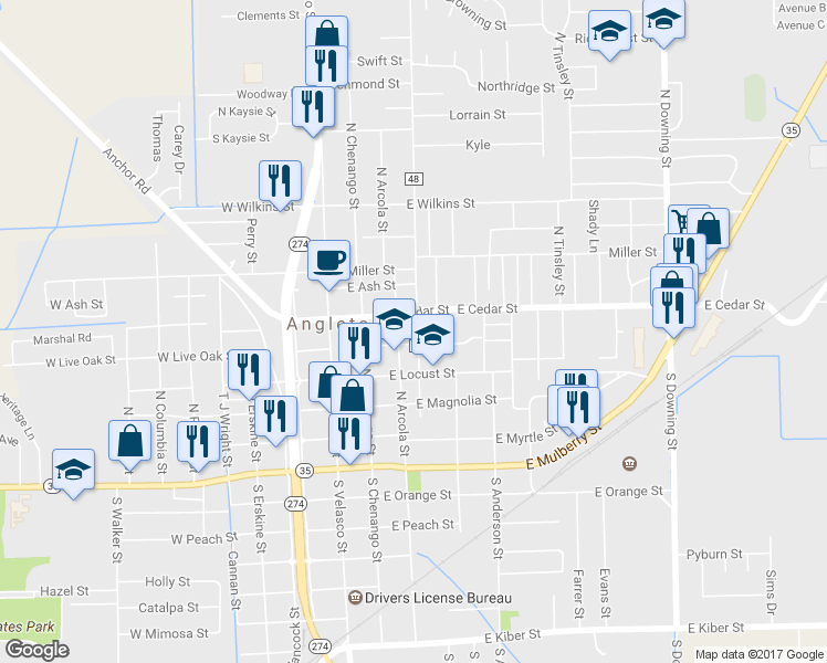 map of restaurants, bars, coffee shops, grocery stores, and more near 319 East Live Oak Street in Angleton