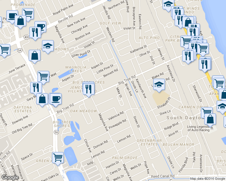 map of restaurants, bars, coffee shops, grocery stores, and more near 803 Big Tree Road in South Daytona
