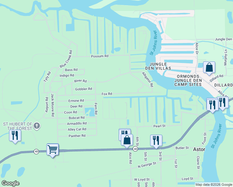 map of restaurants, bars, coffee shops, grocery stores, and more near 24332 Fox Road in Astor