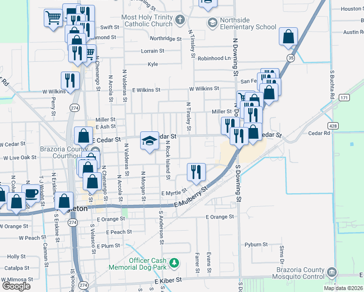 map of restaurants, bars, coffee shops, grocery stores, and more near 734 East Cedar Street in Angleton