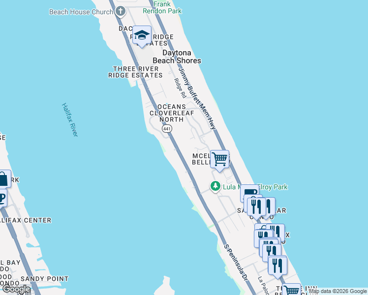 map of restaurants, bars, coffee shops, grocery stores, and more near 1 Oceans West Boulevard in Daytona Beach
