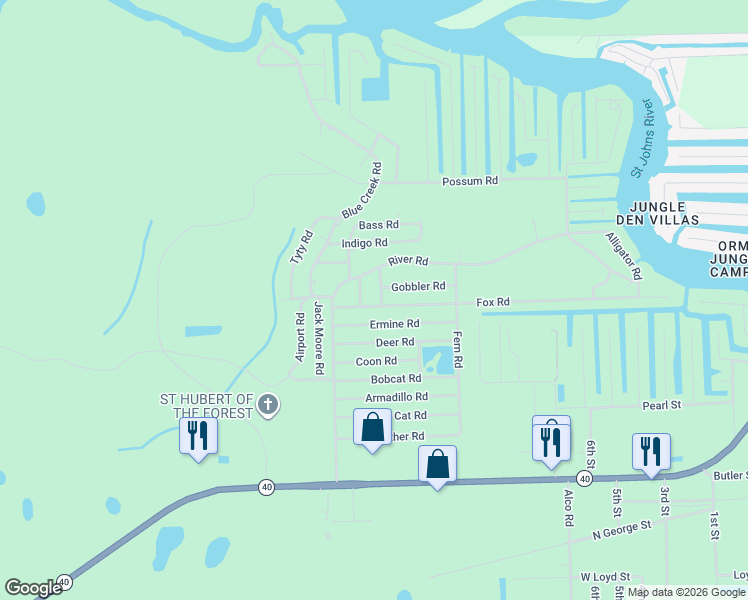 map of restaurants, bars, coffee shops, grocery stores, and more near 23945 Fox Road in Astor
