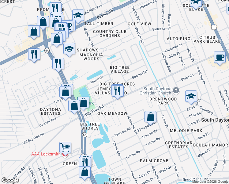 map of restaurants, bars, coffee shops, grocery stores, and more near 1988 Magnolia Avenue in South Daytona