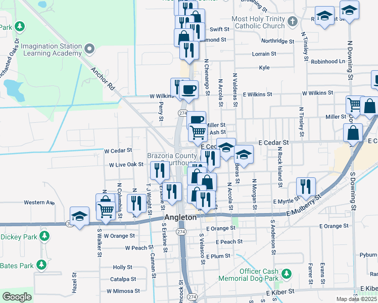 map of restaurants, bars, coffee shops, grocery stores, and more near 123 West Cedar Street in Angleton