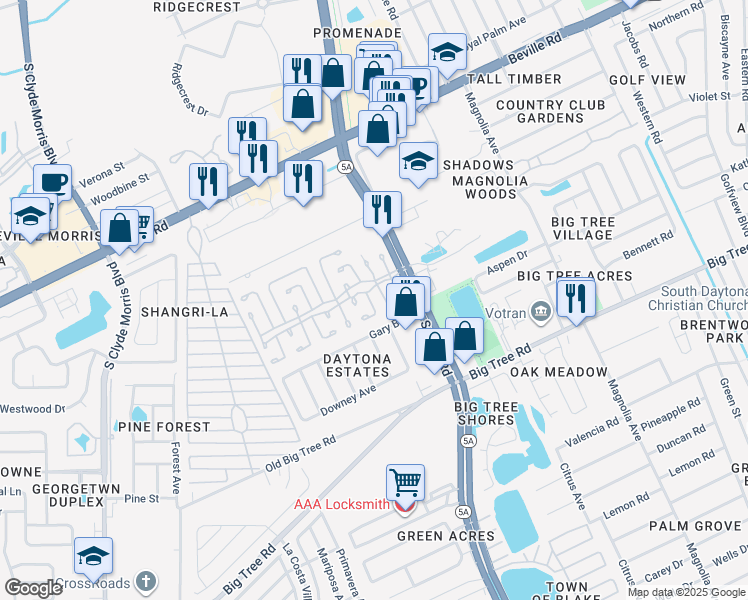 map of restaurants, bars, coffee shops, grocery stores, and more near 21 Sutter Court in Daytona Beach