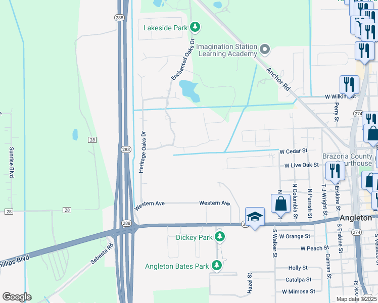 map of restaurants, bars, coffee shops, grocery stores, and more near 915 Spreading Oaks Drive in Angleton