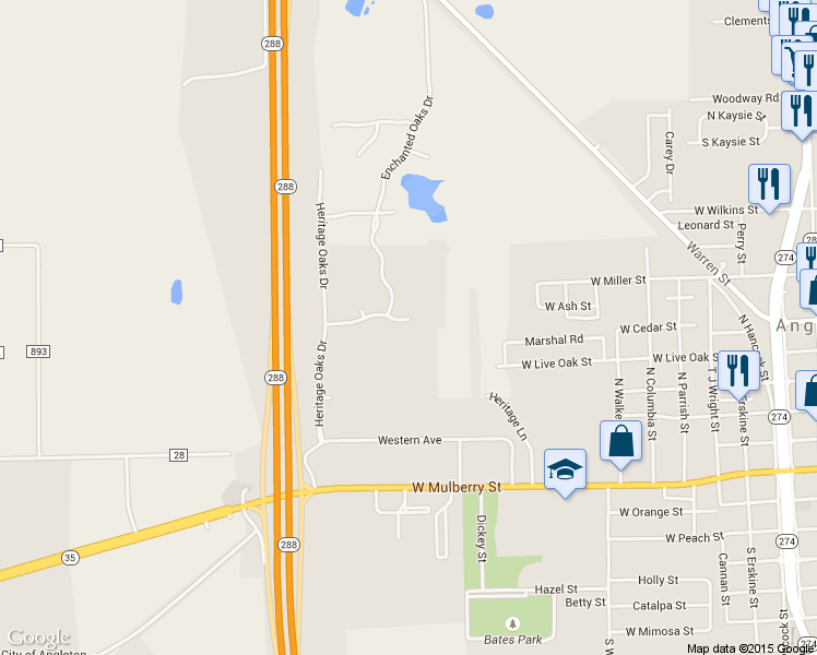map of restaurants, bars, coffee shops, grocery stores, and more near 915 Spreading Oaks Dr in Angleton
