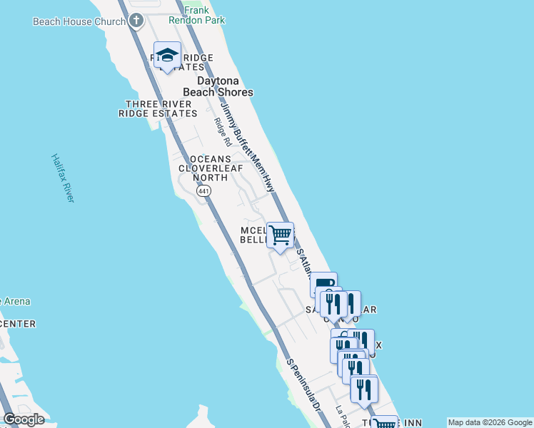 map of restaurants, bars, coffee shops, grocery stores, and more near 3000 South Atlantic Avenue in Daytona Beach Shores