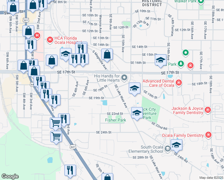 map of restaurants, bars, coffee shops, grocery stores, and more near 1827 Southeast 8th Avenue in Ocala