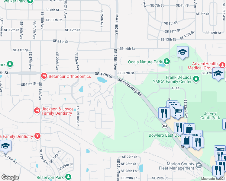 map of restaurants, bars, coffee shops, grocery stores, and more near 2456 Southeast 18th Circle in Ocala