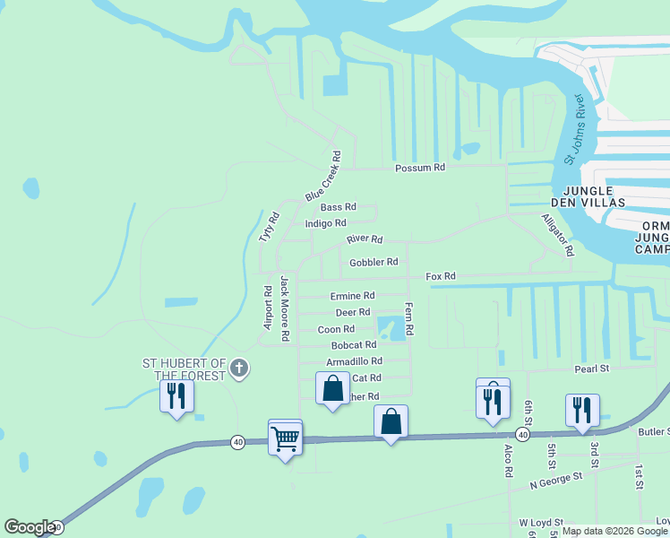 map of restaurants, bars, coffee shops, grocery stores, and more near 23945 Fox Road in Astor