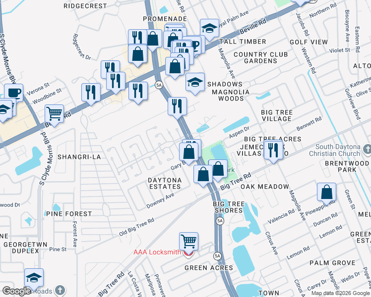 map of restaurants, bars, coffee shops, grocery stores, and more near 996 Gary Boulevard in Daytona Beach