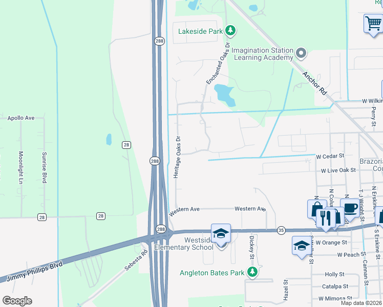 map of restaurants, bars, coffee shops, grocery stores, and more near 1115 Spreading Oaks Dr in Angleton