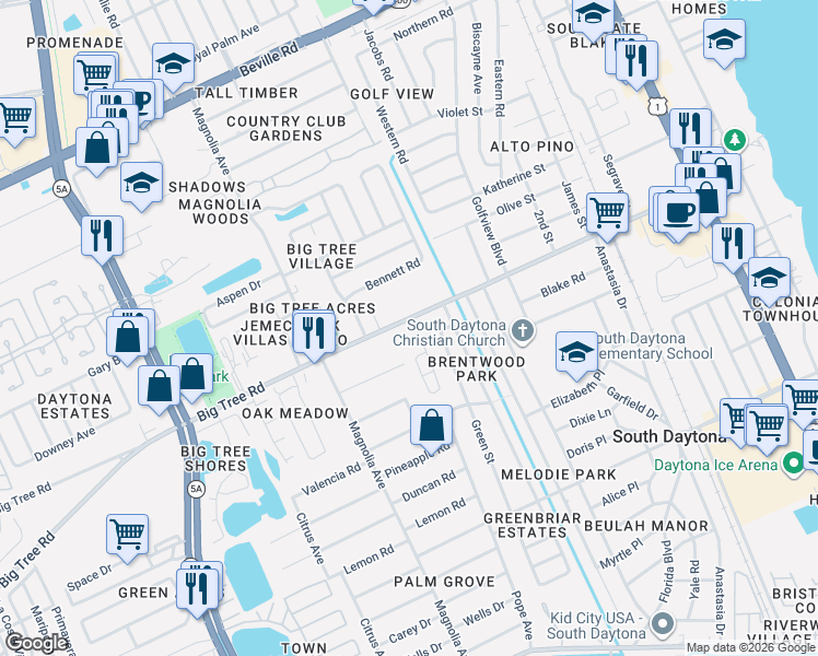 map of restaurants, bars, coffee shops, grocery stores, and more near 803 Big Tree Road in South Daytona
