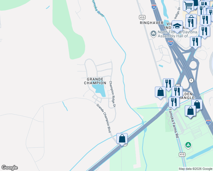 map of restaurants, bars, coffee shops, grocery stores, and more near 106 Kelly Thomas Way in Daytona Beach