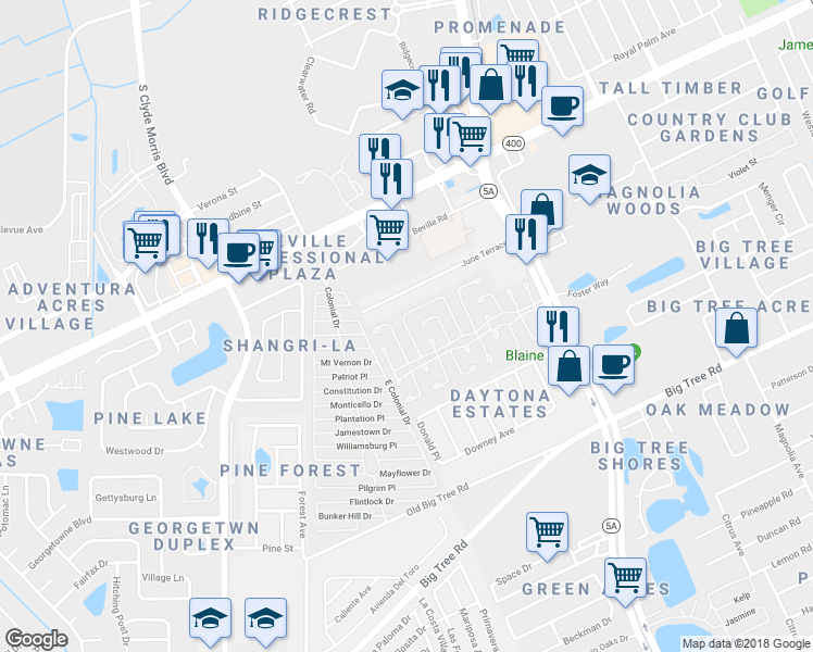 map of restaurants, bars, coffee shops, grocery stores, and more near 21 Twin Coach Court in Daytona Beach