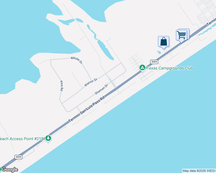 map of restaurants, bars, coffee shops, grocery stores, and more near 18413 Shaman Road in Galveston