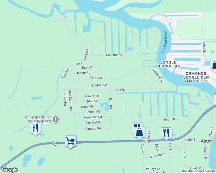 map of restaurants, bars, coffee shops, grocery stores, and more near 24140 Fox Road in Astor