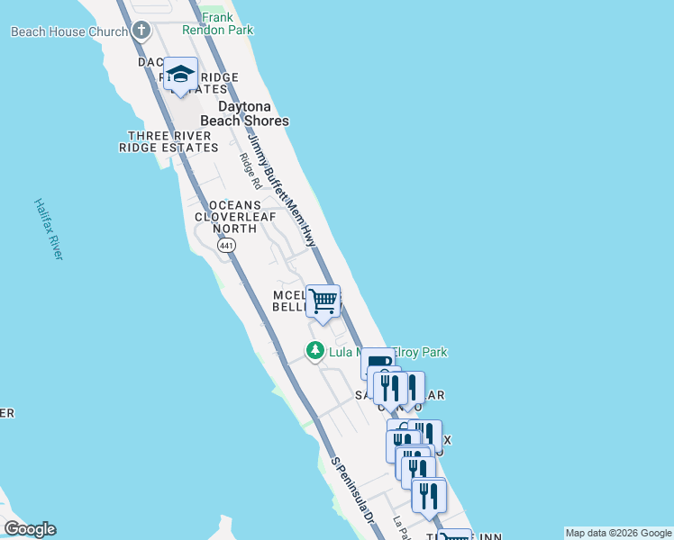map of restaurants, bars, coffee shops, grocery stores, and more near 2990 Bellemead Drive in Daytona Beach Shores