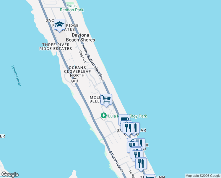 map of restaurants, bars, coffee shops, grocery stores, and more near 2990 Bellemead Drive in Daytona Beach Shores
