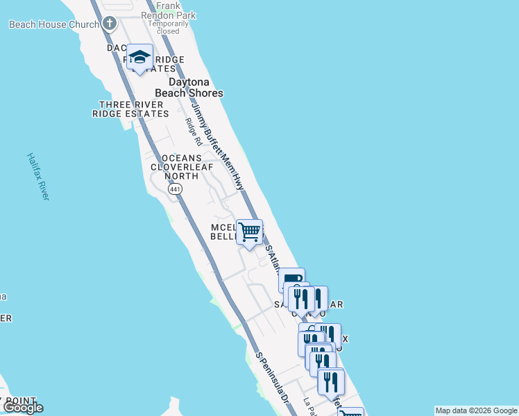 map of restaurants, bars, coffee shops, grocery stores, and more near 2990 Bellemead Drive in Daytona Beach Shores