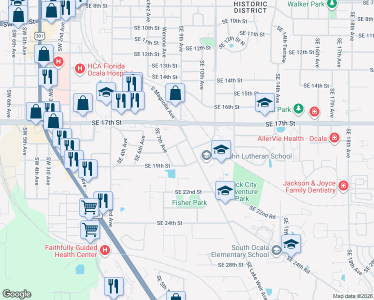 map of restaurants, bars, coffee shops, grocery stores, and more near 1837 Southeast 8th Avenue in Ocala