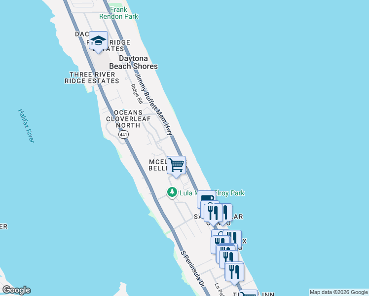 map of restaurants, bars, coffee shops, grocery stores, and more near 2990 Bellemead Drive in Daytona Beach Shores