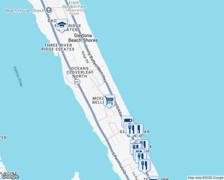 map of restaurants, bars, coffee shops, grocery stores, and more near 2990 Bellemead Drive in Daytona Beach Shores