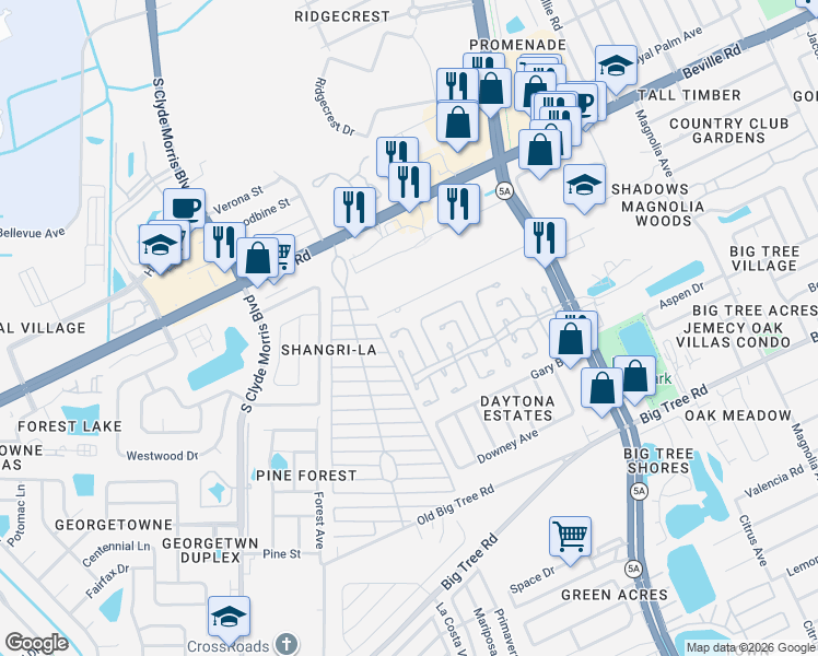 map of restaurants, bars, coffee shops, grocery stores, and more near 65 Twin Coach Court in Daytona Beach