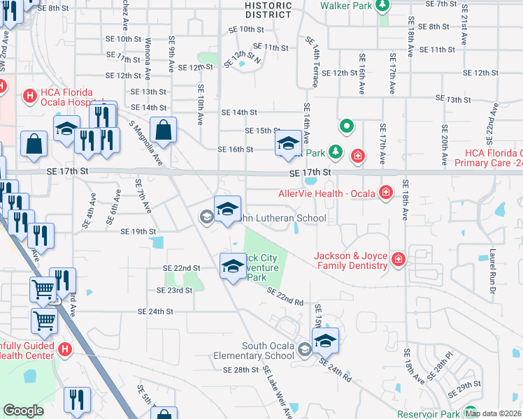 map of restaurants, bars, coffee shops, grocery stores, and more near 1218 Southeast 19th Street in Ocala