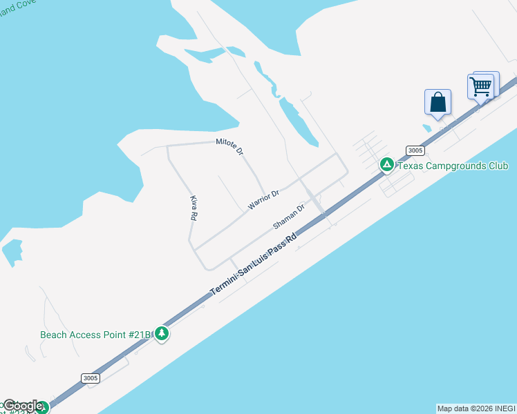 map of restaurants, bars, coffee shops, grocery stores, and more near 18615 Warrior Drive in Galveston