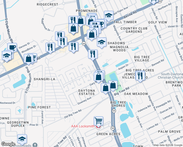 map of restaurants, bars, coffee shops, grocery stores, and more near 21 Sutter Court in Daytona Beach