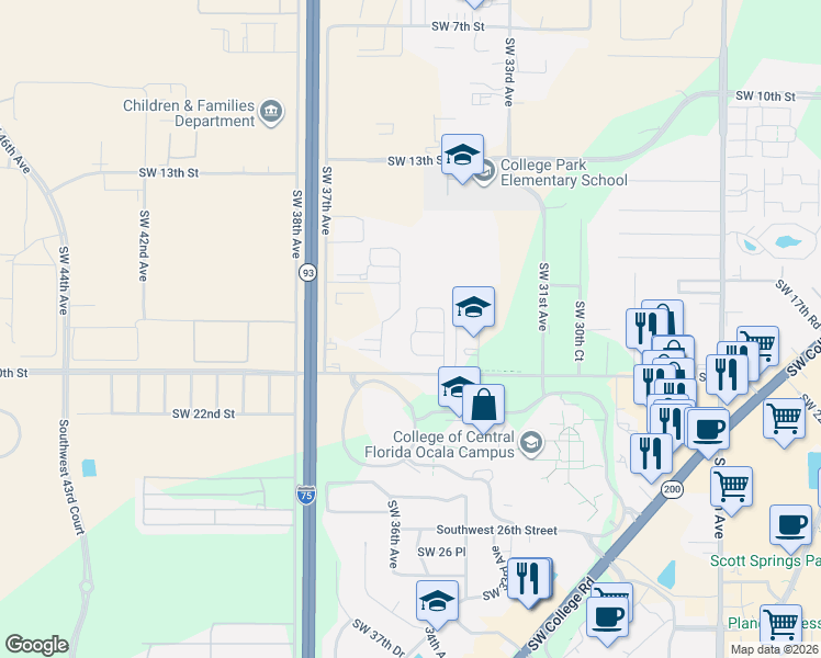 map of restaurants, bars, coffee shops, grocery stores, and more near 3455 Southwest 19th Place in Ocala