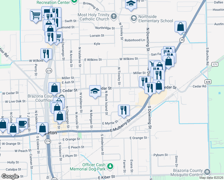 map of restaurants, bars, coffee shops, grocery stores, and more near 734 East Cedar Street in Angleton