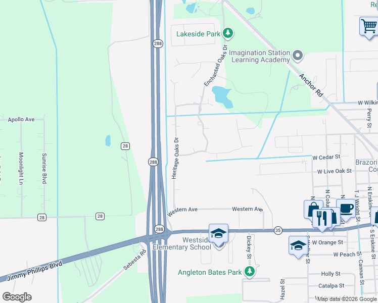 map of restaurants, bars, coffee shops, grocery stores, and more near 1115 Spreading Oaks Drive in Angleton