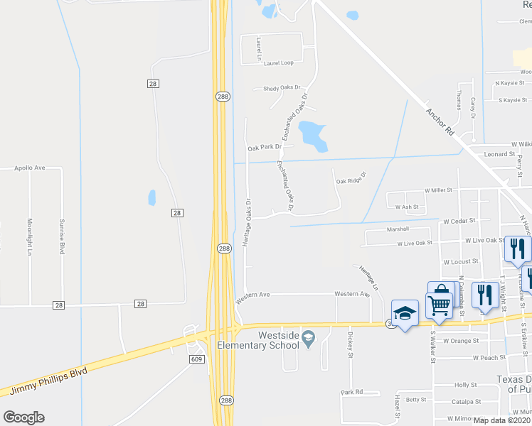 map of restaurants, bars, coffee shops, grocery stores, and more near 1 Spreading Oaks Court in Angleton