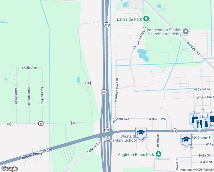 map of restaurants, bars, coffee shops, grocery stores, and more near 601 Heritage Oaks Drive in Angleton