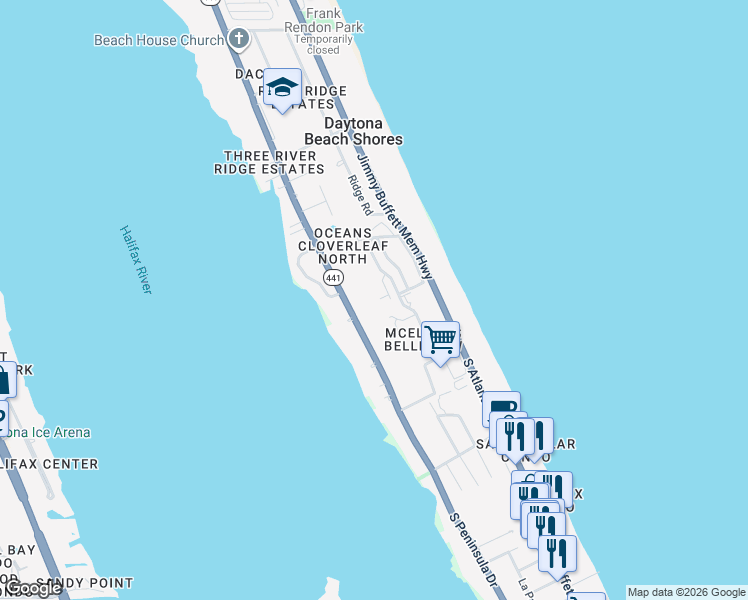 map of restaurants, bars, coffee shops, grocery stores, and more near 3 Oceans West Boulevard in Daytona Beach