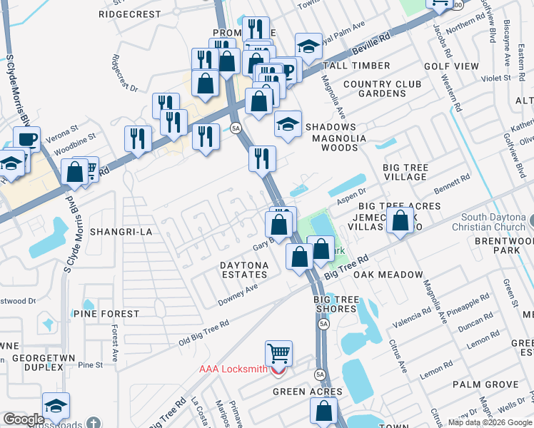map of restaurants, bars, coffee shops, grocery stores, and more near 1 Carriage Cove Way in Daytona Beach
