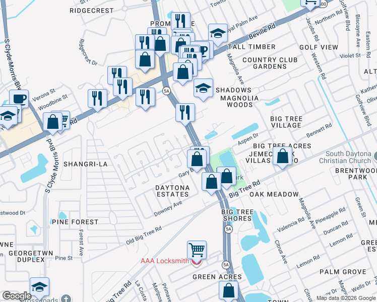 map of restaurants, bars, coffee shops, grocery stores, and more near 1 Carriage Cove Way in Daytona Beach