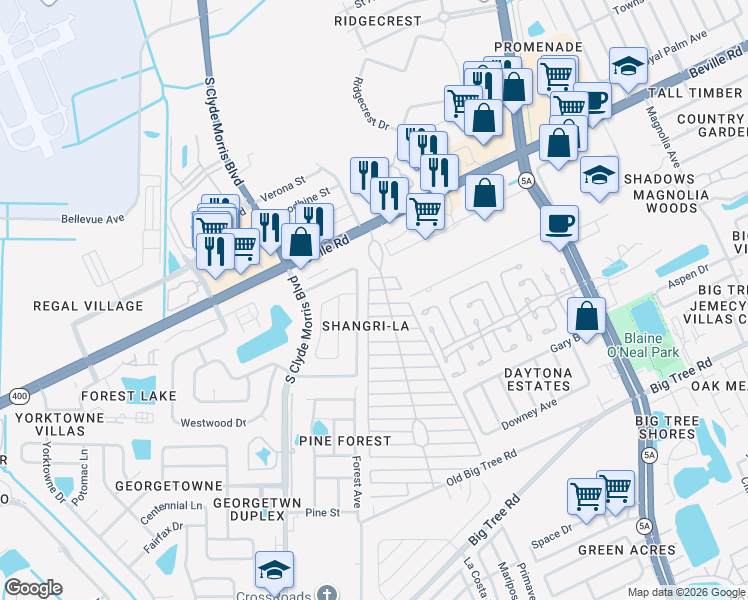 map of restaurants, bars, coffee shops, grocery stores, and more near Colonial Drive in Daytona Beach