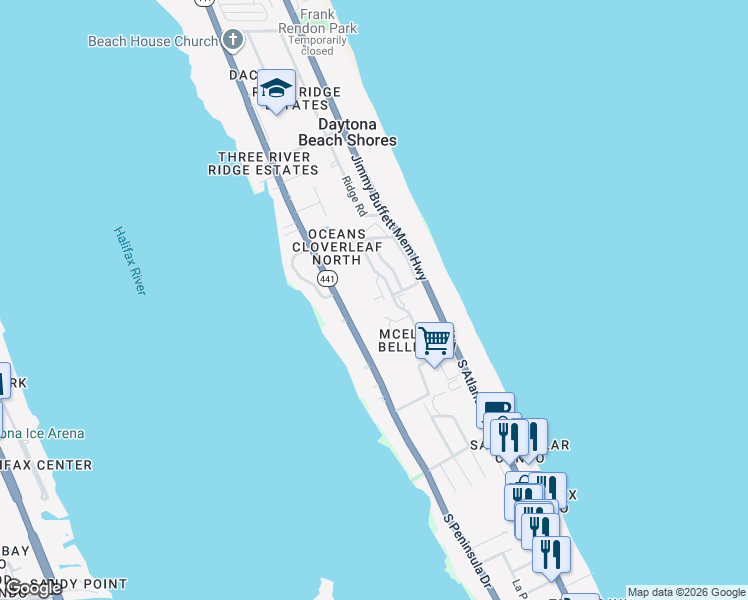 map of restaurants, bars, coffee shops, grocery stores, and more near 3 Oceans West Boulevard in Daytona Beach Shores